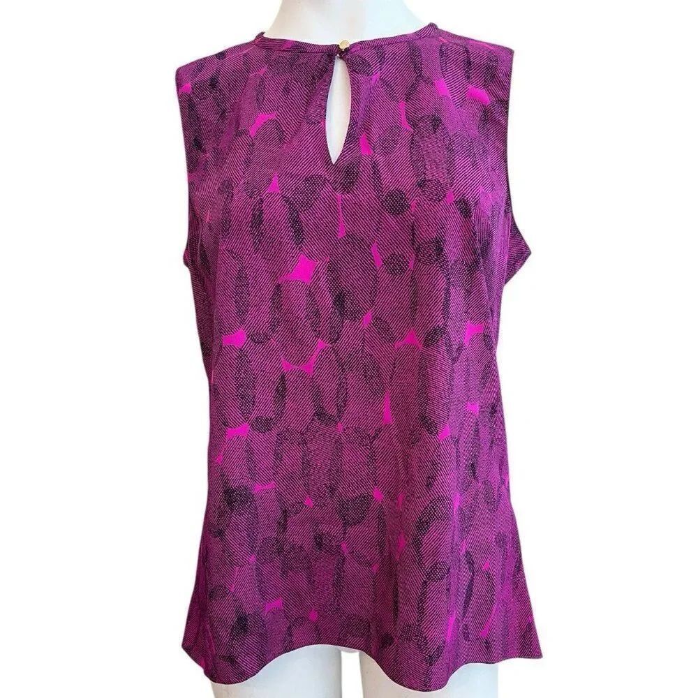 EllenTracy Ladies Medium Pink Sleeveless Blouse Geometric Ovals Print Keyhole
